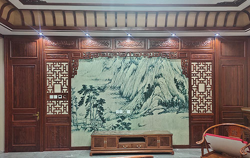 政和中式仿古别墅客厅背景墙花格木作装饰